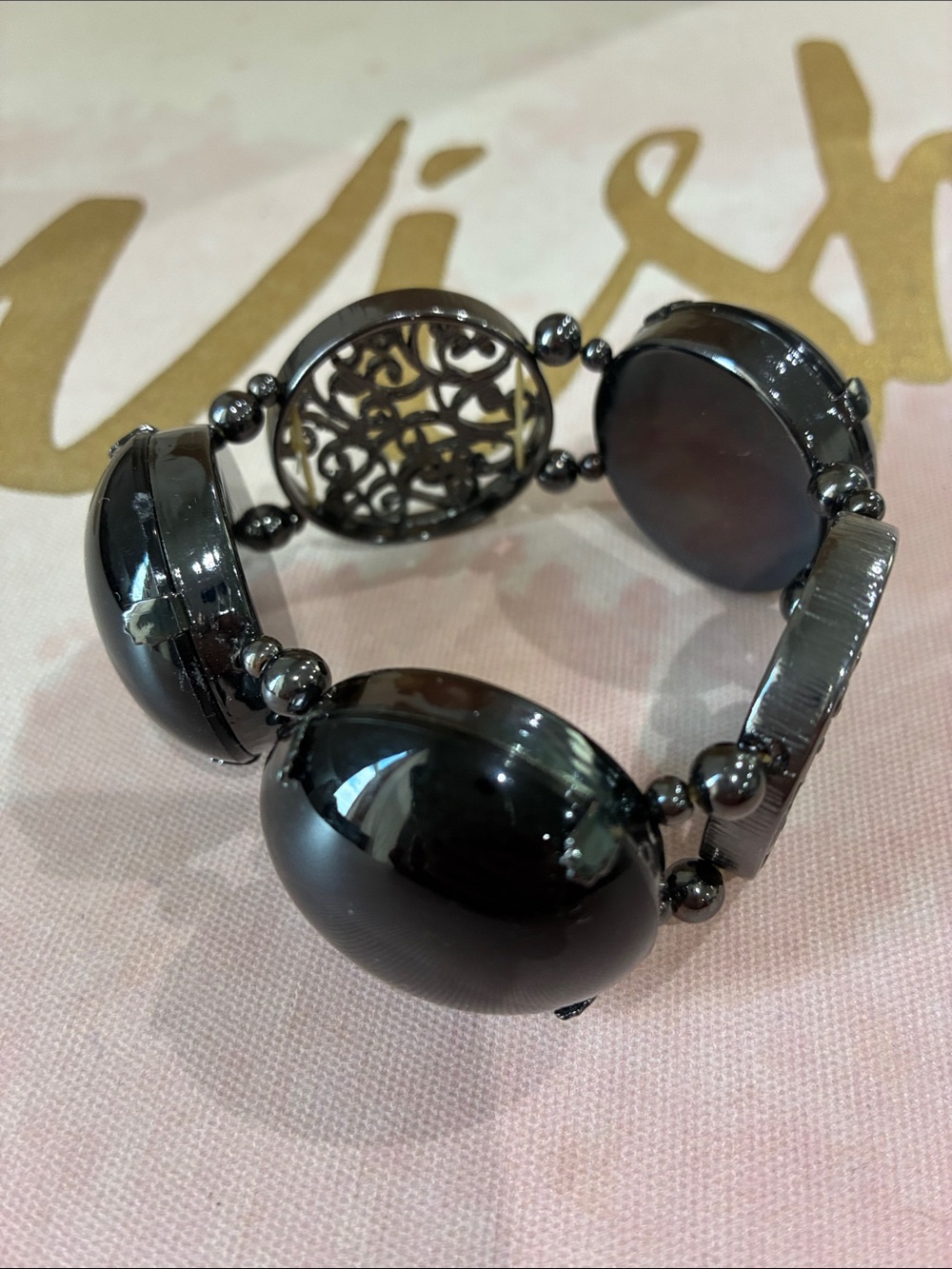 Women's Black Hematite Stretch Bracelet - Elegant Filigree Accent